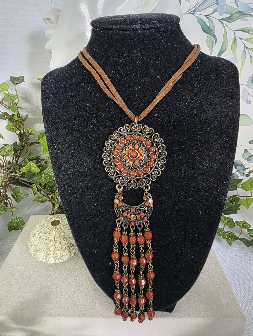 Boho Statement Pendant Necklace Bronze Tone Faux Carnelian Beaded Tassel